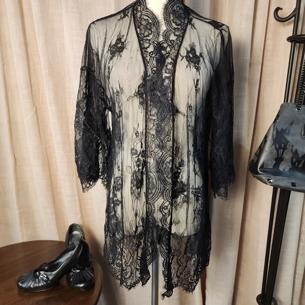 Avidlove Black Sheer Lace Duster Robe Cardigan M Romantic Goth Vampire Lingerie
